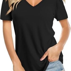 Amoretu Womens T Shirts V Neck Short Sleeve Tshirt Basic Tee Curved Hem Tops