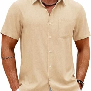 COOFANDY Mens Button Down Shirt Short Sleeve Casual Shirts Summer Beach Wedding Linen Shirt with Pocket