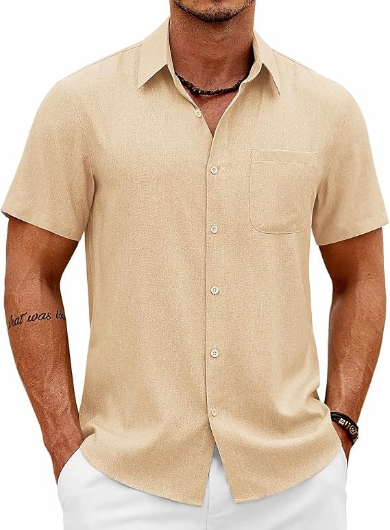COOFANDY Mens Button Down Shirt Short Sleeve Casual Shirts Summer Beach Wedding Linen Shirt with Pocket